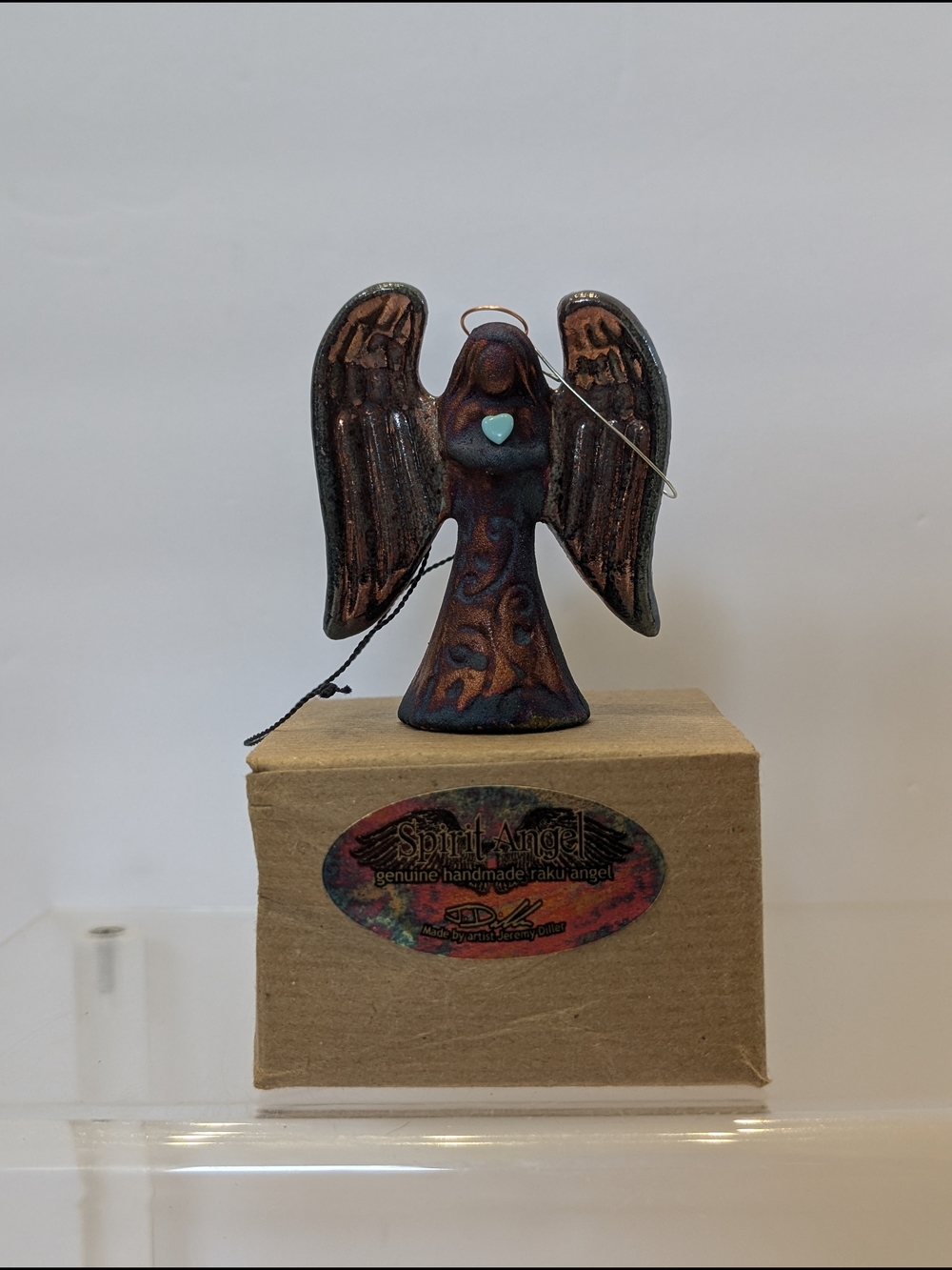 Spirit Angel Ornament Raku Pottery w/gemstone heart, handmade, hand signed